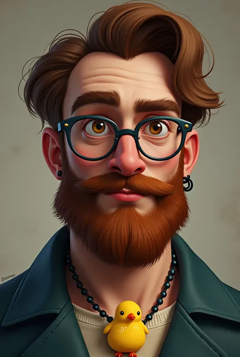 Draw a brunette man, 175 cm tall, brown-haired, with very small dark brown black eyes, thin no coloured round shaped glasses, a 
ginger-brown Light brown light beard (the beard tone is  more lighter than the hair tone), and his face has a hard bone Structu...