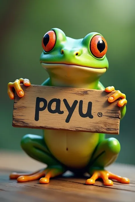 A green frog with a sign.
The sign says "payu" on it.