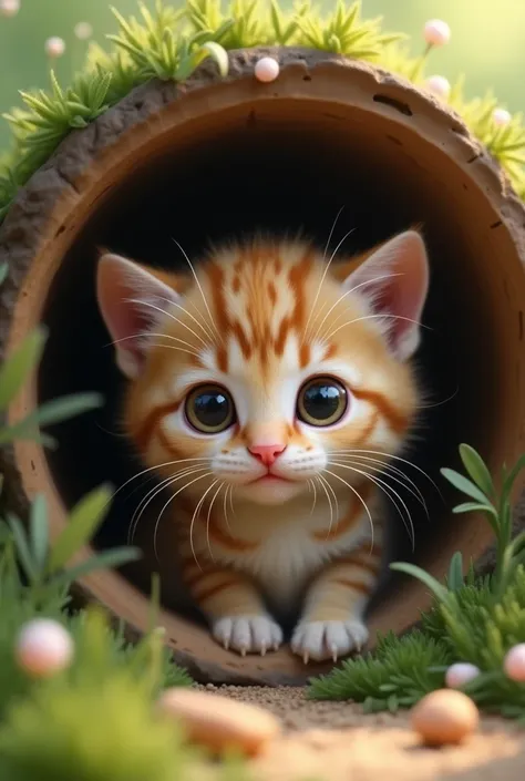 A cute kitten with only its nose sticking out of a small hole