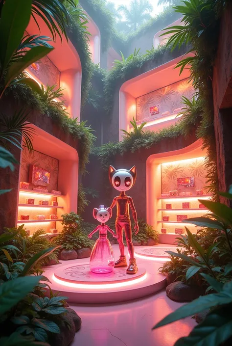 A futuristic shop in the heart of the jungle, floating on massive glowing platforms with cyber-jungle patterns in shades of pink and khaki. The walls shimmer with holographic jungle motifs, and lush greenery blends seamlessly with glowing technology. Insid...