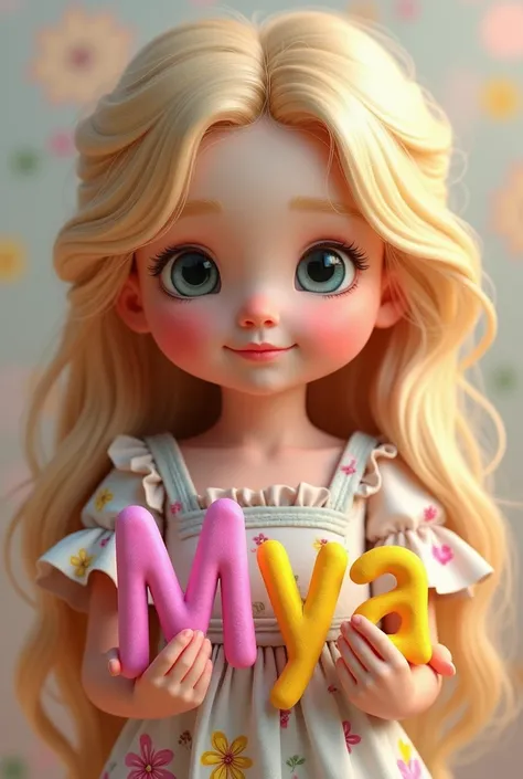 a picture of 3D cute girl enfant with long blonde hair wears flower blouse is holding big letters of Mya