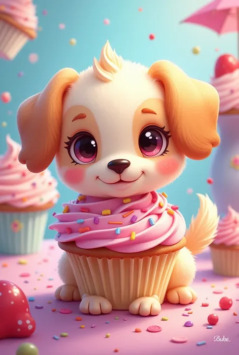 Make a colorfull illustration of a cute puppy female dog furry made from cupcake