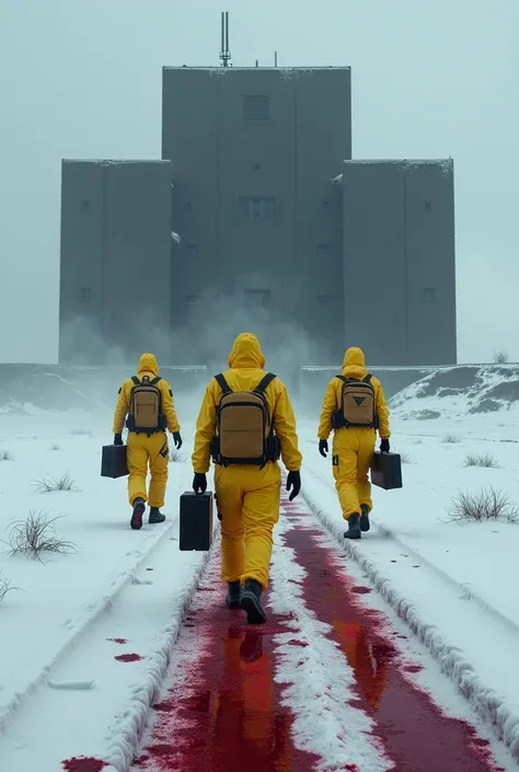 Dark building in the snow with people wearing yellow protective suits wearing briefcases and pistolads with silencers heading towards the building leaving a trail of blood 