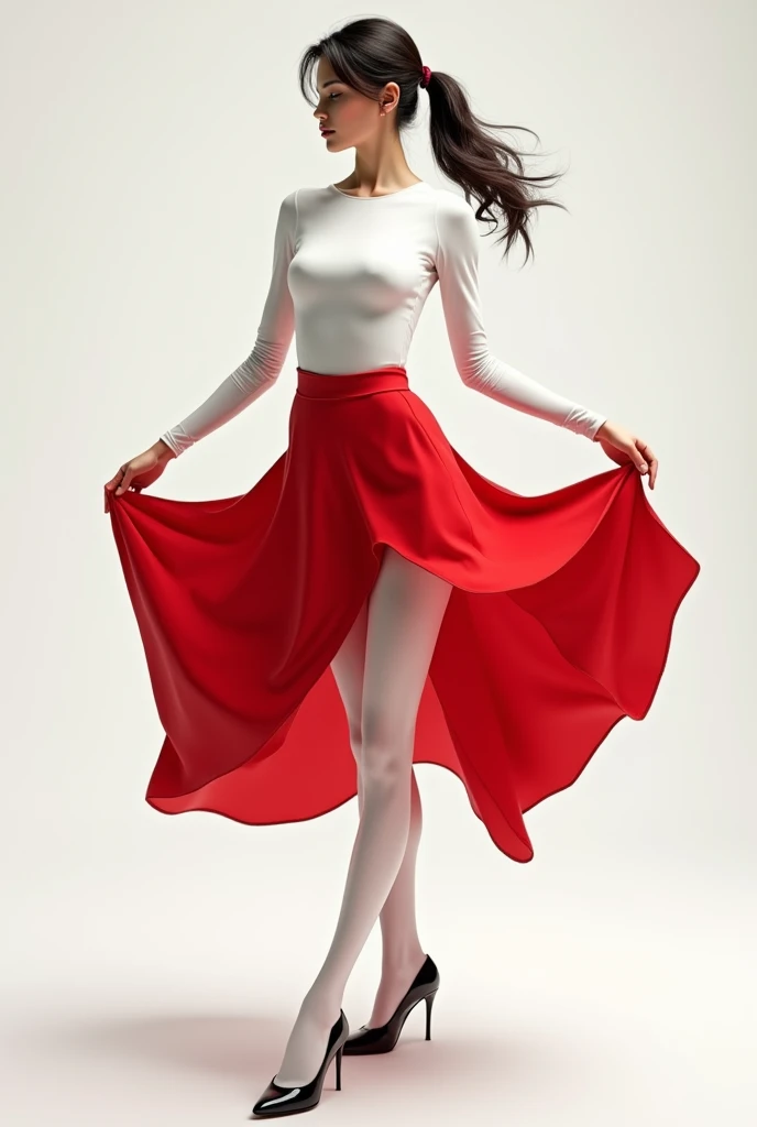 Girl in white bodysuit with long sleeves with red skirt with long white tights and black shoes