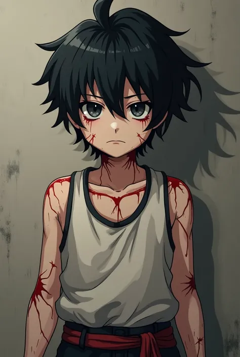  A black-haired boy with a dull face ,  seams like a voodoo doll all over his body mainly in the joints, his sleeveless clothes to show his arms ,  whatever you are with an anime style and full length 