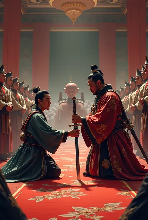 "A grand ceremony in the royal court, where the king publicly honors Hattori Hanzo. Hanzo kneels before the king, who places a symbolic sword in Hanzo’s hands. Courtiers and soldiers stand in the background, their expressions a mix of admiration and awe. T...