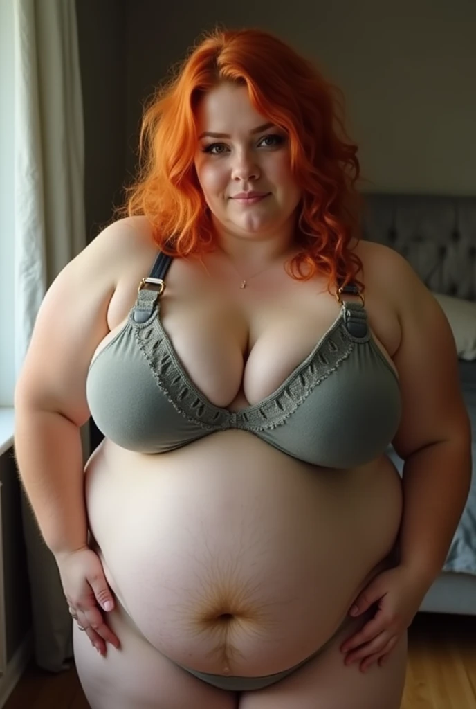 A cute short 23 years old girl, pale, with enormous saggy breast and ginger hair, very hairy pussy, sexy,  full body, nerdy, undercut, chubby, very hairy armpits, huge hanging belly, ssbbw, skinny legs, small ass, fat belly