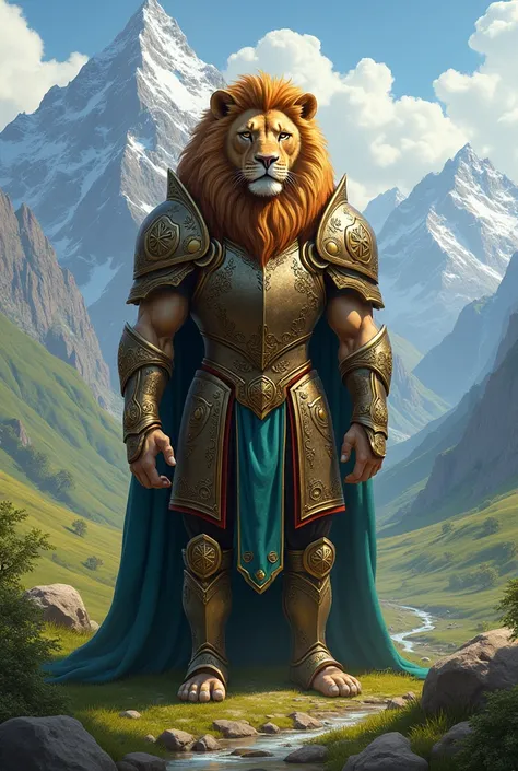 Lion in stately armor in a valley with mountains 
