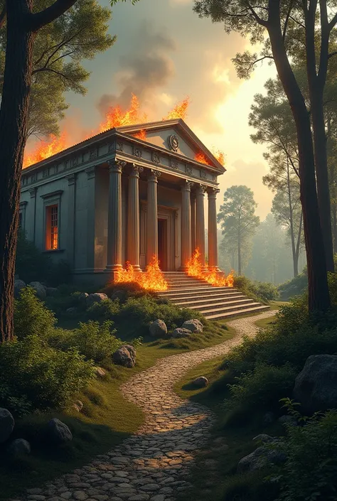 Create the panorama of an ancient Greek-style house in the middle of a forest with flames