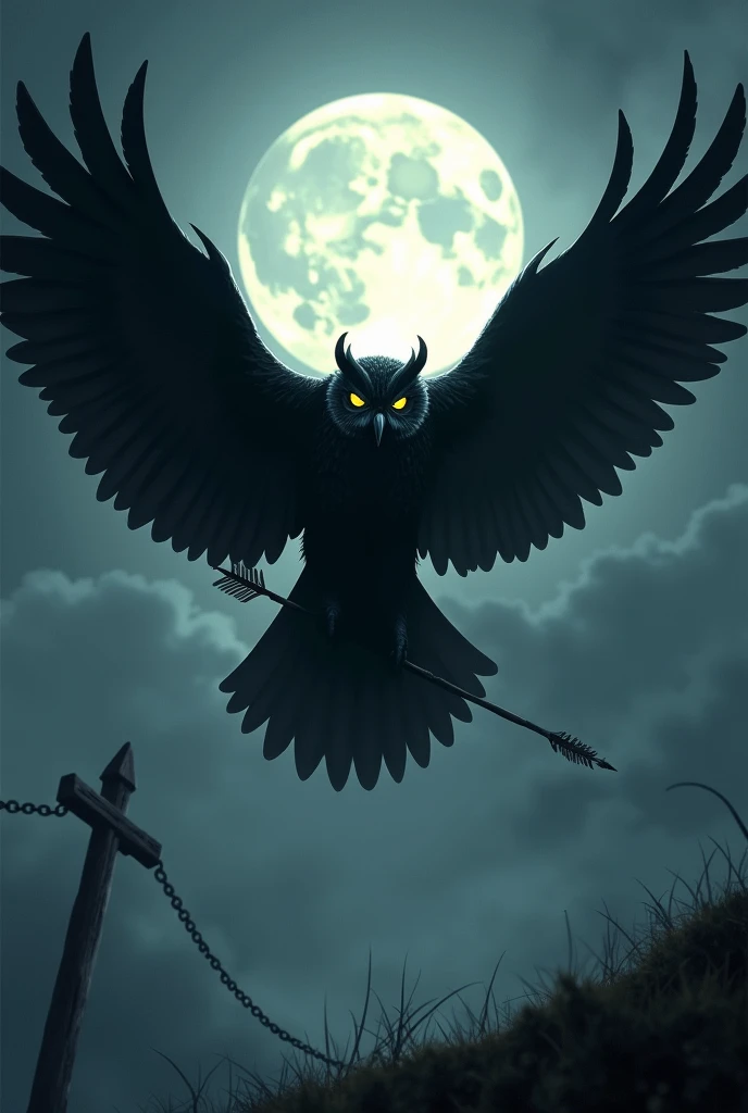  A black owl with big yellow eyes and terrifying-looking outstretched wings flying, with a cross-shaped arrow stuck in the side , under the full moon