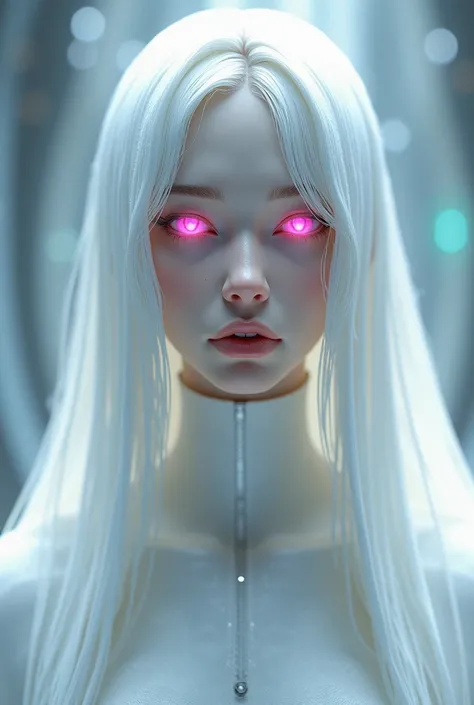 Virgin Mary, alien, alien, futurist,  white hair ,  pink eyes , velo blanco, aureola vaca