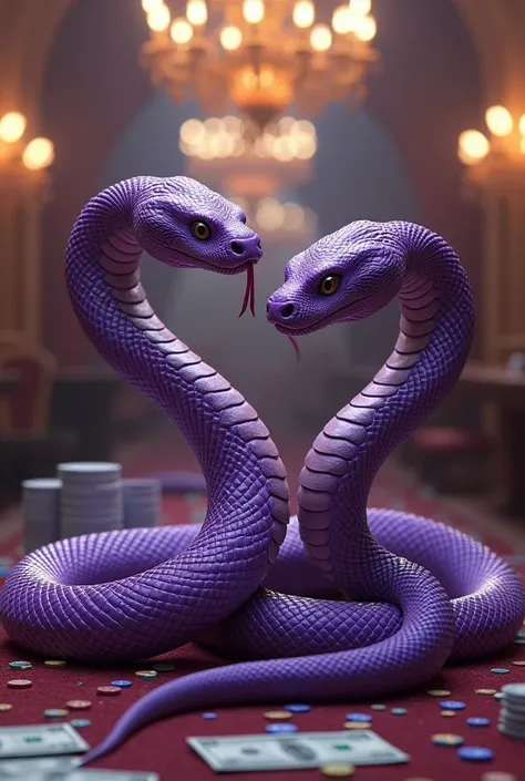 Two purple snakes in a casino with money and lets say the word Snake Queens what does Snake Queens say 