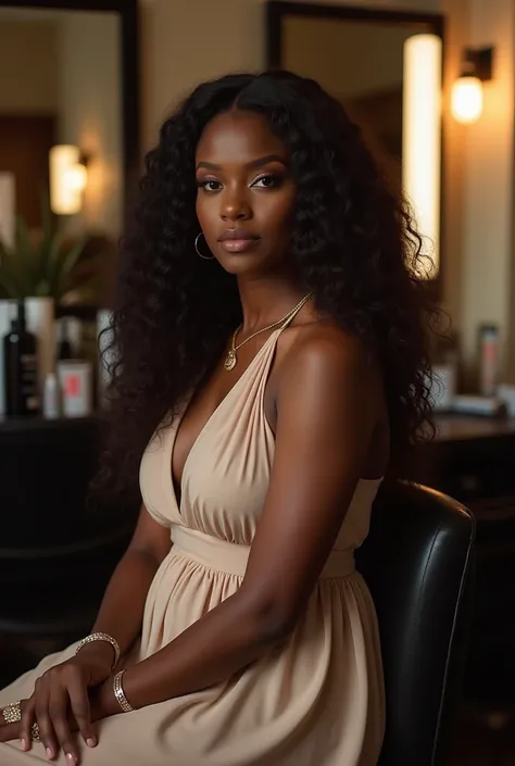 A   Classic Beauty African woman
  Hair:  very Long, flowing curls in a deep, natural brown.
  Body Shape: Curvy.
  Face Shape: Heart.
  Makeup: Soft, natural makeup with a nude lip and subtle eyeliner.
  Nails: Short, round nails painted a soft pink.
  Cl...