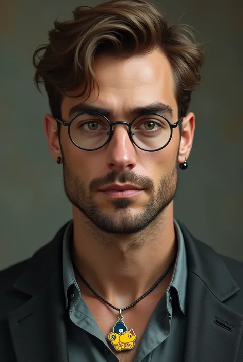 Draw a smart brunette man, 175 cm tall, thin short brown-haired, with very small and Long(so small ) dark brown black eyes, not black glasses but(like Harry Potter glass) colourless round shaped glasses, a  Light brown light beard (the beard tone is  more ...