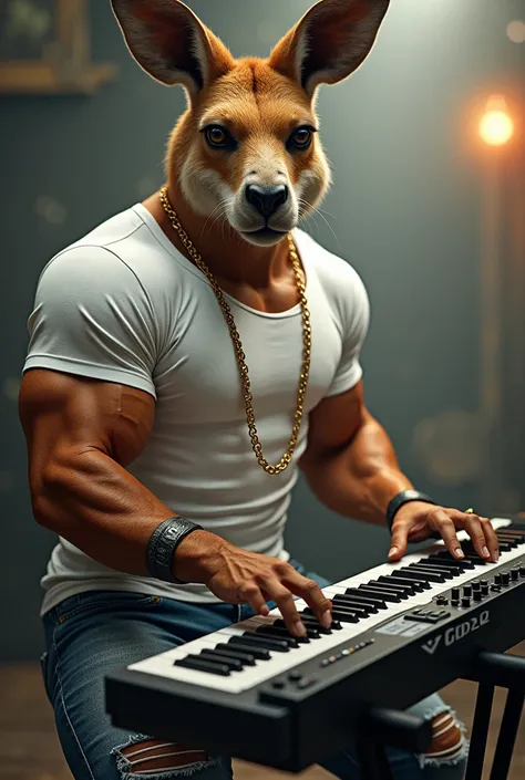  Kangaroo with prominent muscles playing the keyboard (musical instrument), dressed in a tight white t-shirt , ripped jeans, wristband,  gold chain on his neck .