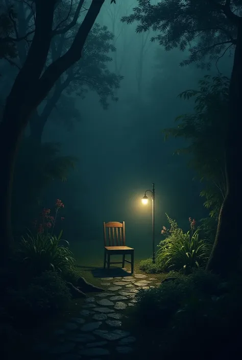 A dark garden with one chair with one lamp on top of it. No one