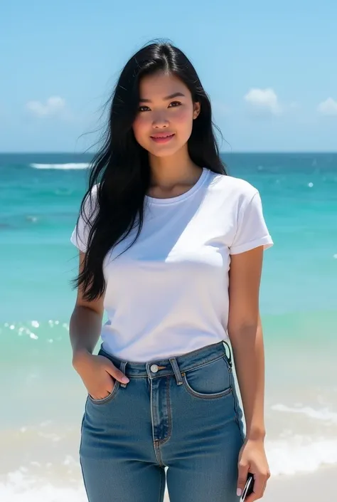 please make me a realistic photo of a 28 year old young woman standing on the beach with the ocean in the background. She is wearing a white t-shirt and tight blue jeans, and holding a phone in her hand. The sky is blue and the ocean is a beautiful blue wi...