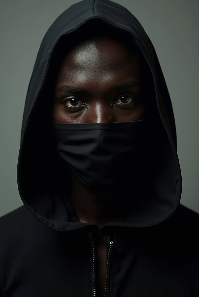 An African man with black scary eyes putting on a black face mask and a black hoodie 