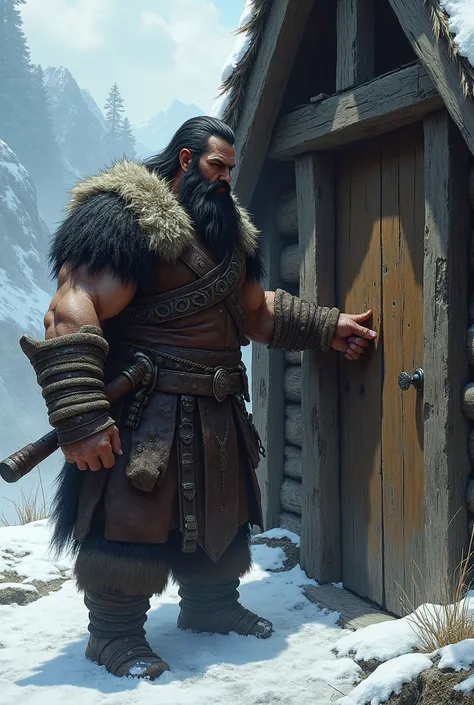 Create a black-haired Viking knocking on the door of a house