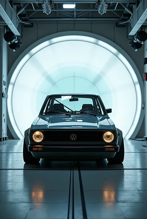   Volkswagen golf mk1 with its modified body, being tested in a wind tunnel 