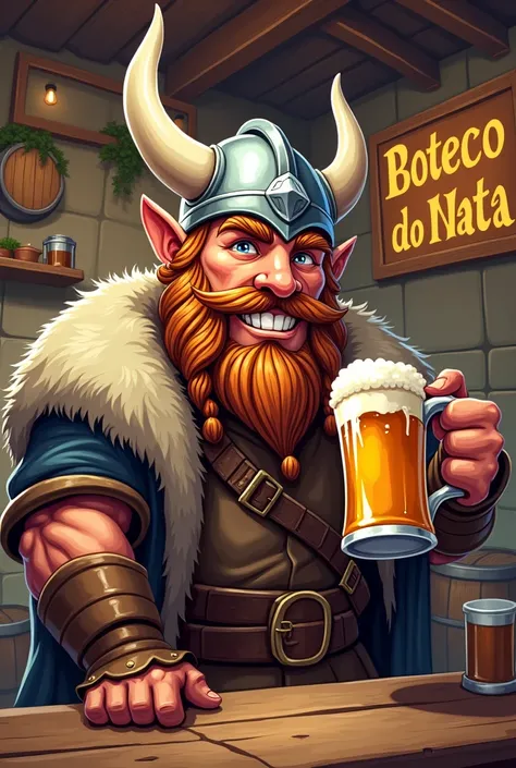 Cartoon of a Viking drinking beer in a mug,  Written text  "Boteco do Nata"