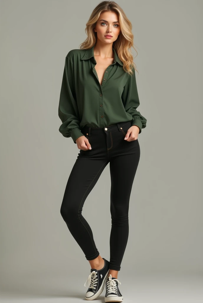 Could you create a realistic image of a 34-year-old woman with blond hair and green eyes wearing a dark green blouse, tight black leggings that highlight her butt and sneakers 