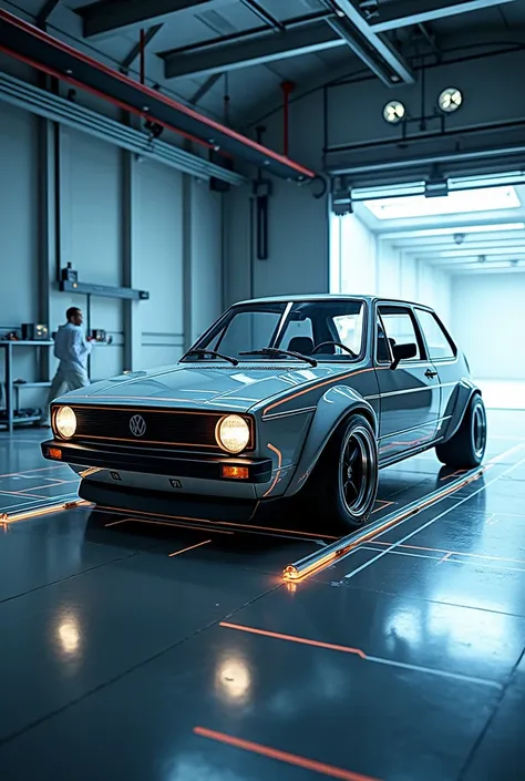   Volkswagen golf mk1 with its modified body, being tested in a wind tunnel , reviewing its aerodynamics with marked aerodynamic lines