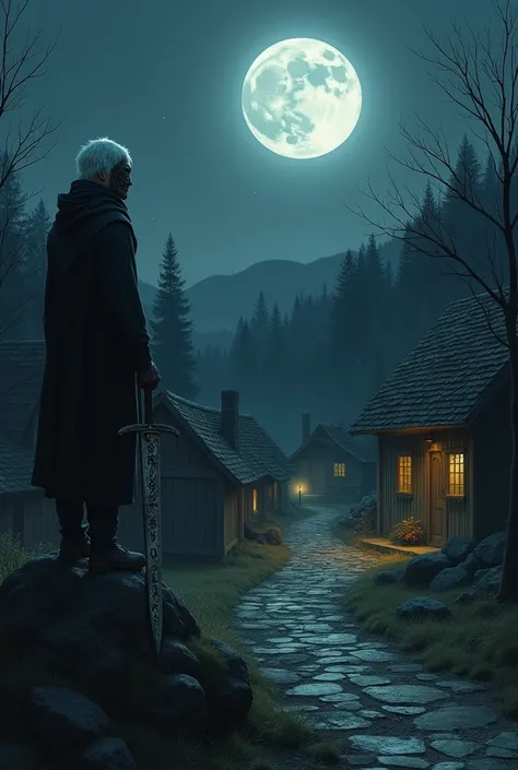 scenario: A village at night ,  with a great moon Full lighting the wooden houses ,  surrounded by tall trees and long shadows .  The village seems calm ,  but there is a sense of mystery in the air ,  maybe a small Point of light coming from a distant win...