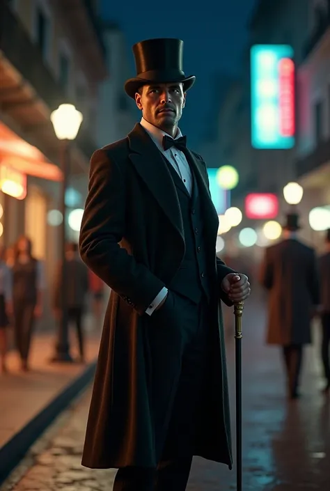 Man on a Brazilian cross street wearing a cane, top hat and black overcoat at night 