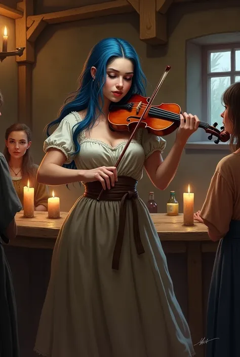  Girl dressed as a peasant girl in the Middle Ages with big breasts and long blue hair ., Slender girl in a tavern playing a violin 