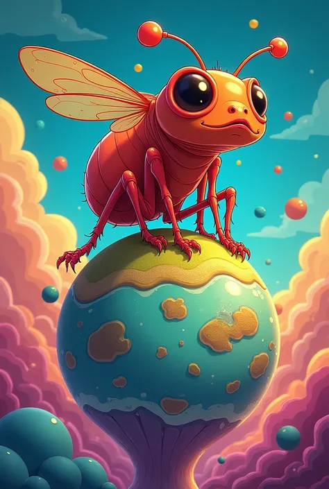 a colorful drawing of a flea on top of a planet