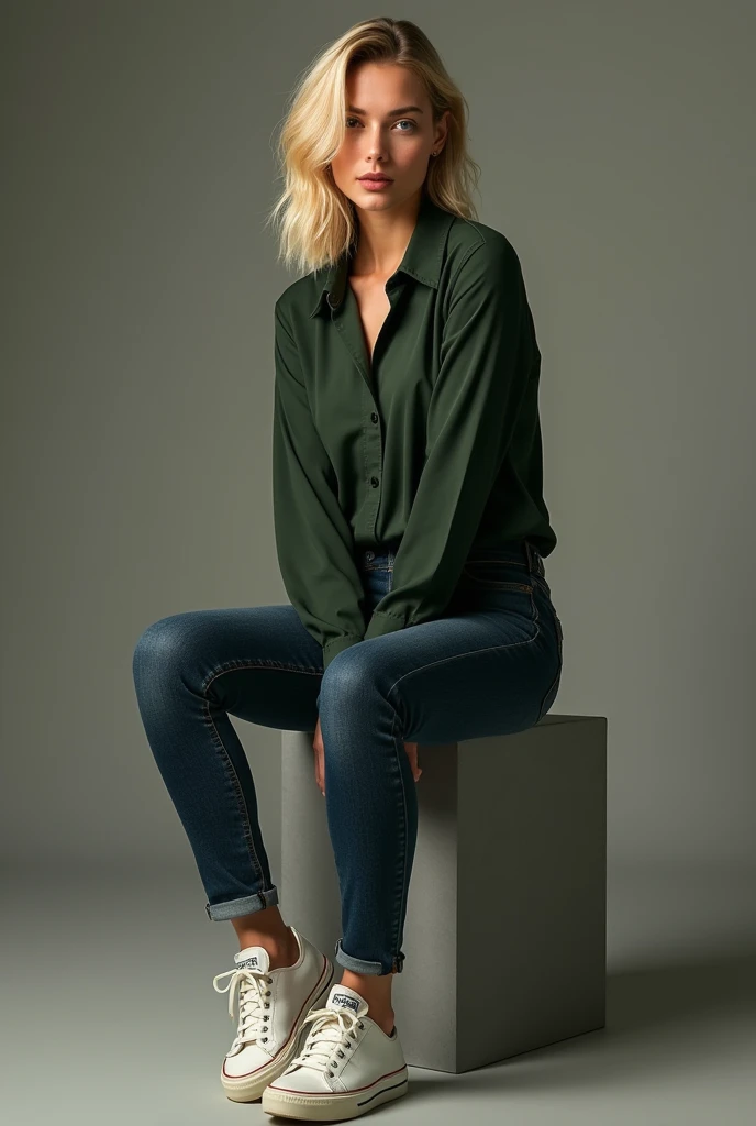 Could you create a realistic image of a 34-year-old fair-haired woman wearing a dark green blouse, tight jeans that highlight her seductive butt and sneakers 