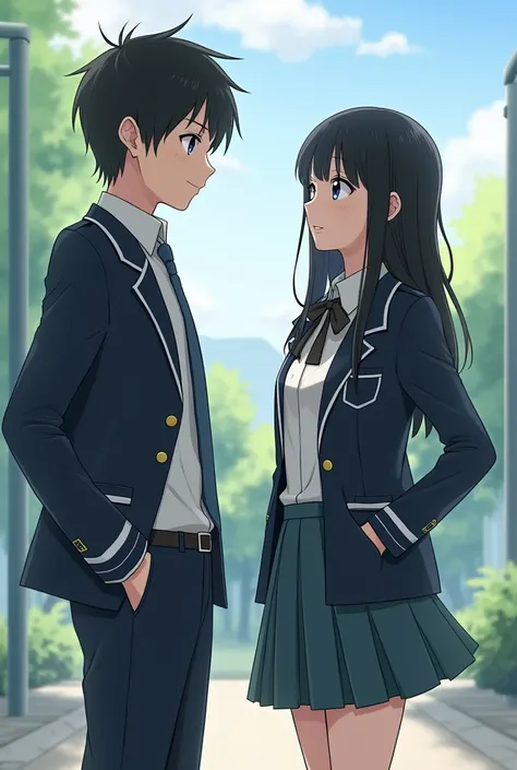 Boy with black hair in a school uniform of height 1 . 53 with a black-haired girl with black eyes with good breasts wearing a girls school uniform