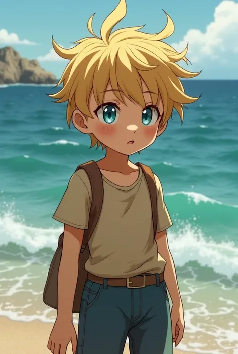 A short boy, scrawny blond haired and untidy , eyes as blue as the ocean and an insecure look of at least s 