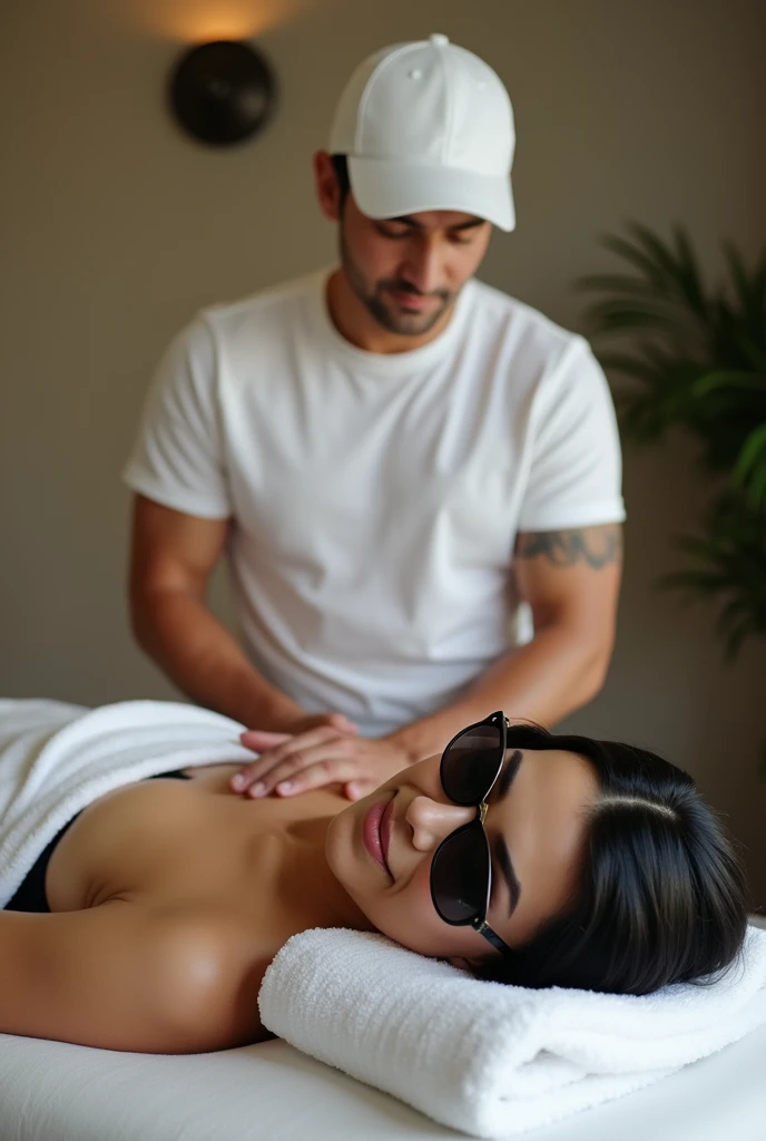 Sexy millionaire woman with black hair , camisa blanca,  Black Pants , Sunglasses, white sports cap and white shoes she is lying face down on a massage bed while her young male butler gives her a back massage 