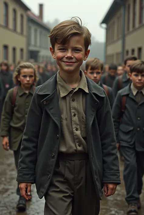 Thirteen-year-old German boy covered in bruises wearing long sleeves to hide his bruises in the 1940s arriving at school with a smile 