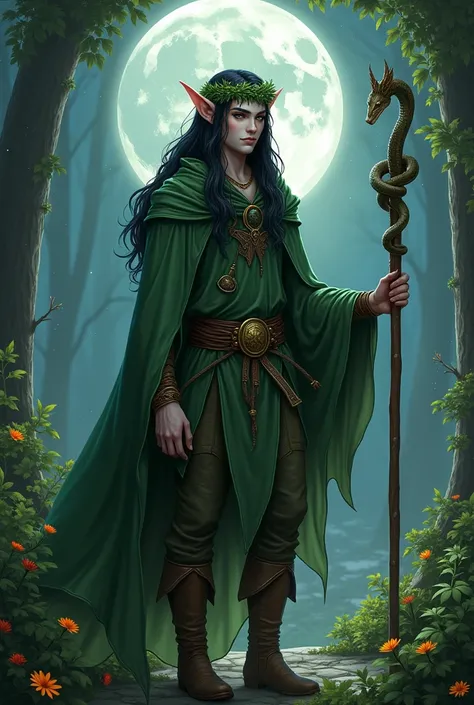 a pale-skinned male Druid moon elf,   with dark green eyes , black hair ,  pointy ears , wearing a green cloak,  leather pants and leather boots ,  wearing a wreath of laurels on its head and holding a shit,  in a forest clearing at night with a full moon ...