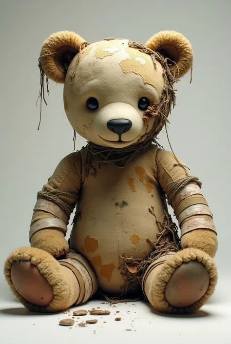  teddy bear sitting bottomless, hit with bandages ,  patches tearing 