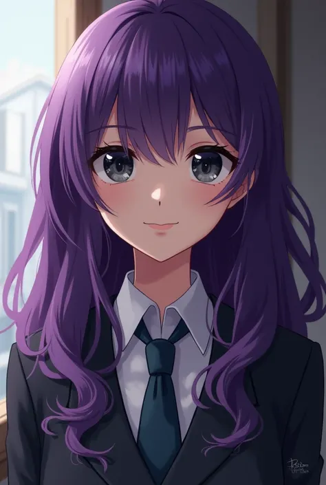 Black-eyed purple-haired woman wears school uniform long curly hair