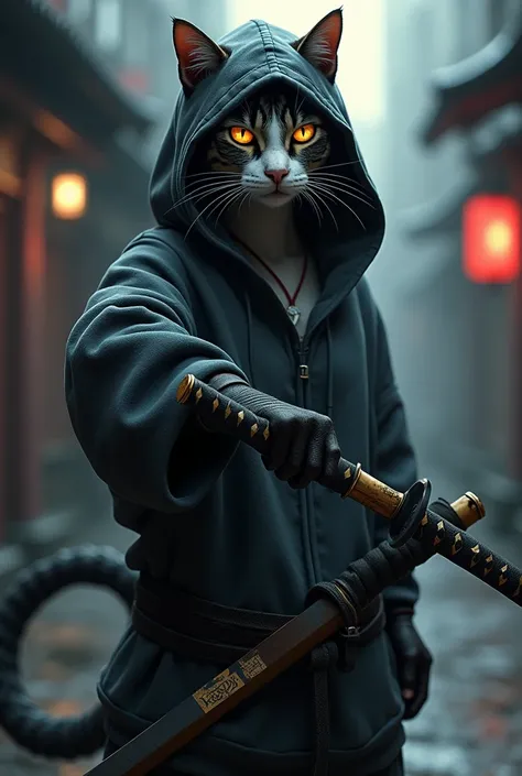 A female cat in a hoodie with a katana 