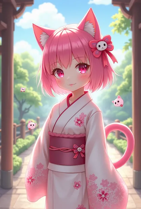 An anime-style girl that has something to do with cats in white kimonos with pink hair 
