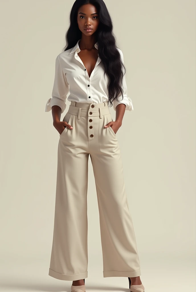 A beautiful cute black woman with long, straight hair, a white blouse, high waist pants with 4 buttons, thin socks with her hands in her pockets..