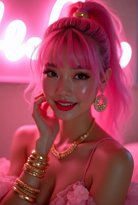 Shiny sparkling sexy erotic costume young Japanese golden princess detailed celebrity makeup Glossy transparent lipstick Lip-gloss Beautiful happy smile Bright white neon love hotel room Pink hair High definition ponytail flashy sparkling large golden earr...