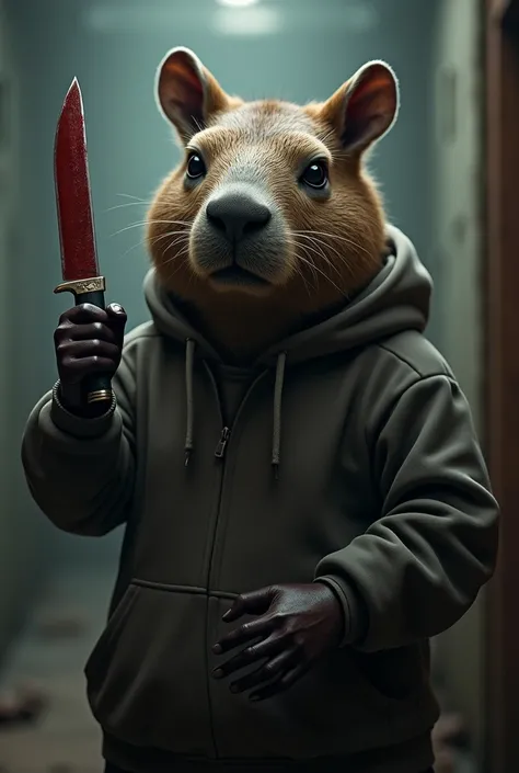 A capybara man in a hoodie holds a bloody knife