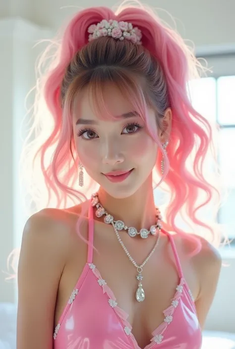 a young Japanese idol,brown almond eyes,round face,pink curly hair,ponytail,big lips,bright white hotel room,sexy latex costume,flashy earrings,flashy necklace,beautiful smile,extremely detailed face and eyes,hyper realistic,8k,ultra detailed,vibrant color...