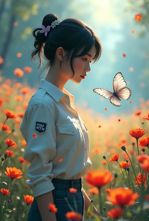  on a flowery field , officer, a curious and dreamy woman with black hair and  ,  clothes found a shimmering silver butterfly that shone