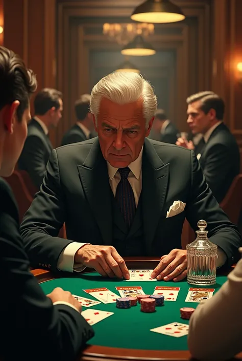 Make me a picture of the president of a classic company gambling and playing in an old classic cafe