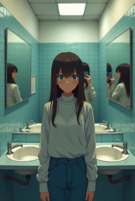 A 16-year-old blue-eyed brunette in the school bathroom taking a picture of the mirrors in the ass bathroom 