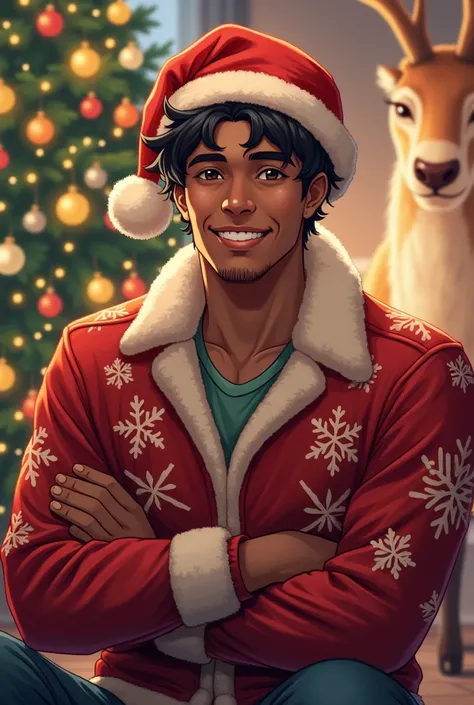 anime man, moreno ,Christmas clothes, Christmas tree and reindeer 