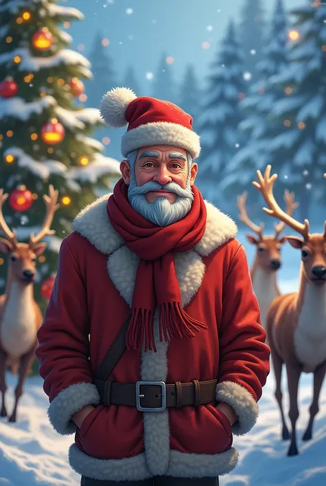 anime man, moreno ,gray hair,barba canosa ,Christmas clothes, Christmas tree and reindeer 